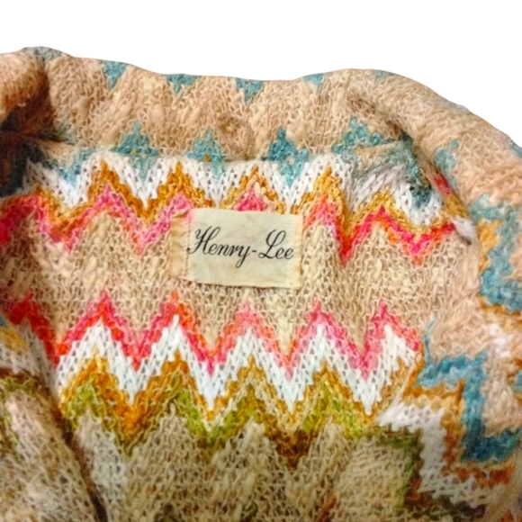 Vintage 70's Henry Lee Short Sleeve Knit Chevron Midi Crocheted Zip Up Dress 6-8 - Picture 5 of 6